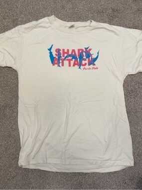 Shark Attack Graphic Tee in Off-White with Blue & Pink Print